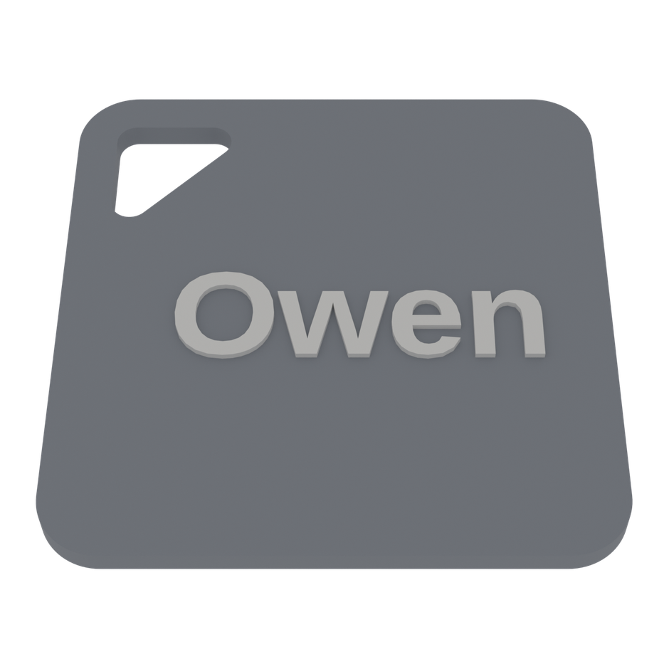 Custom tier example: the same square tag with the name Owen raised on the face