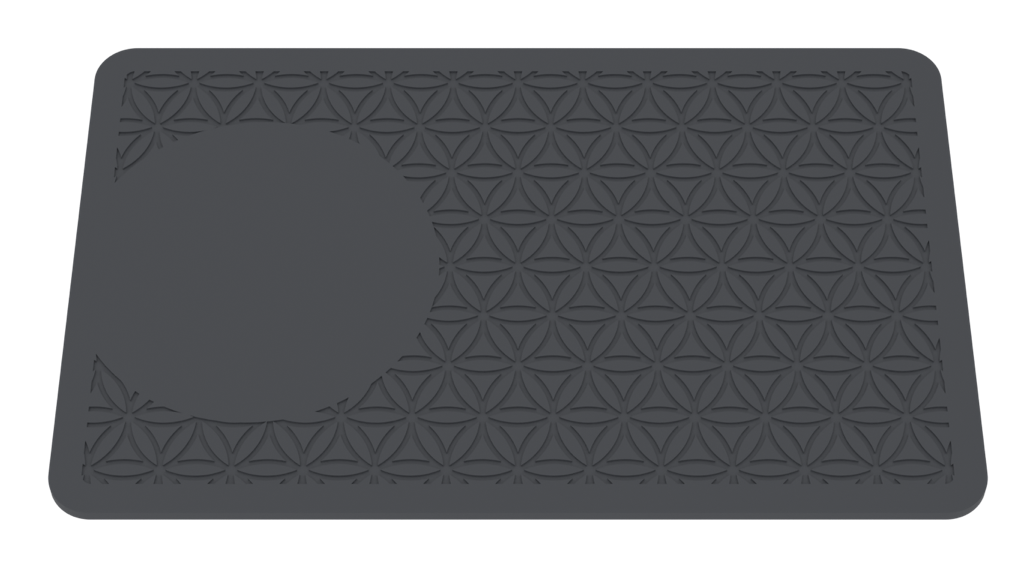3D render of the NFC card: a black business-card-sized body with a raised flower-of-life pattern and an empty roundel, no text
