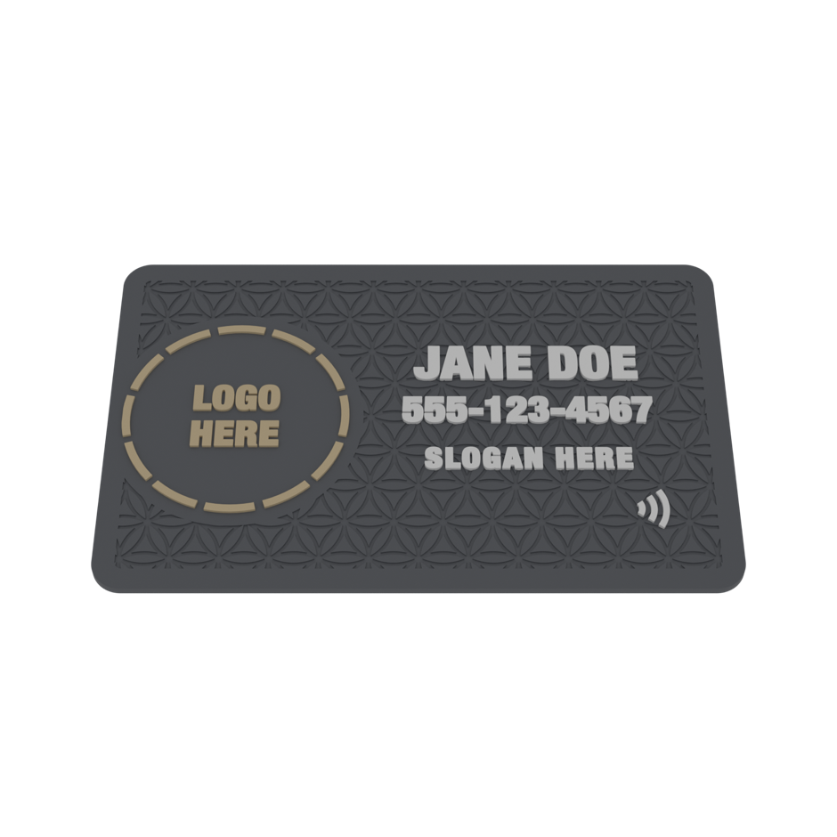 Network variant shown with the template's placeholder text raised on the face — LOGO HERE, JANE DOE, 555-123-4567, SLOGAN HERE — standing in for your own logo, name, number and slogan