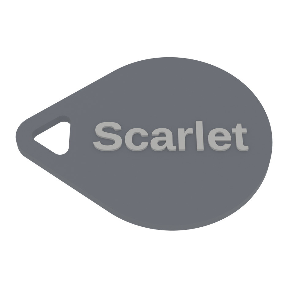 Custom tier example: the same teardrop tag with the name Scarlet raised on the face